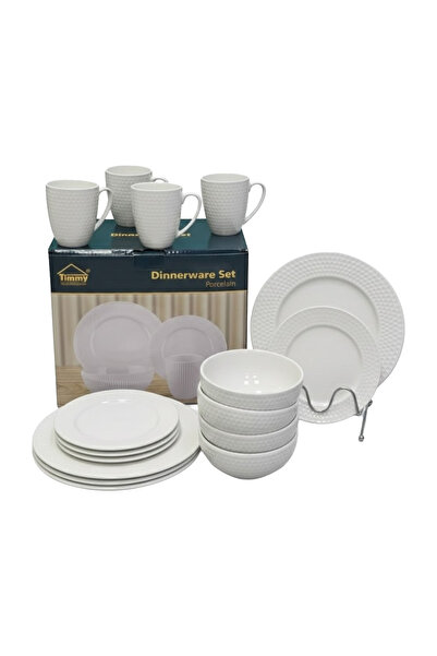 Tımmy 16 Piece White Porcelain Dinnerware Set Durable Ceramic Plates Bowls Cu...