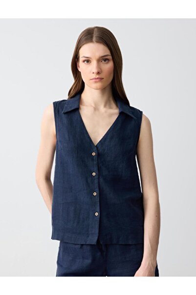 Jimmy Key Navy Blue 100% Linen Sleeveless Slim Fit Shirt
