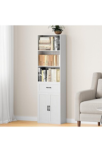CHOGORI خزانة كتب عصرية طويلة من 5 أرفف مع أبواب ودرج، وحدة تخزين أرضية لغرفة...