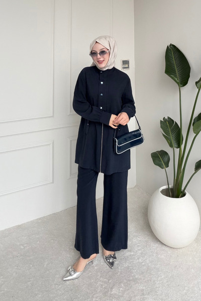 Tesettür Diyarı Σετ Τεσσέττουρ με φερμουάρ από ύφασμα Elora Tansel - Σκούρο Ν...