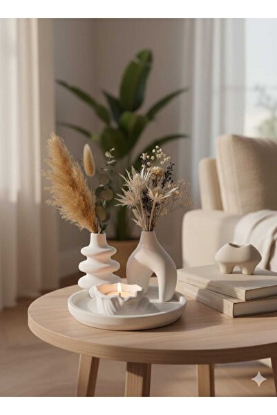 M&C Concept El Yapımı Taş Tozu Bohem Dekoratif Vazo & Mumluk Seti – 4’lü Teps...