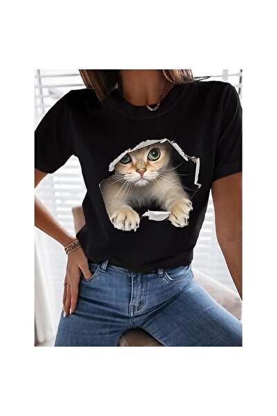 HOFFNUNG Unisex Short Sleeve Round Neck Cat Gap Printed Solid Color t Shirt
