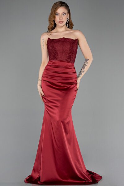 Abiyefon Bordo Straplez Dantel Korsajlı Uzun Saten Balık Abiye ABU5606