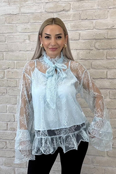 Muna Boutique Garciel Blue Imported t Tulle Shirt with Self-Body Design