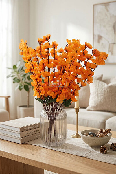 Yapay Çiçek Deposu Yapay Büyük 7 Dallı Bahar Dalı Demeti 55 cm Turuncu