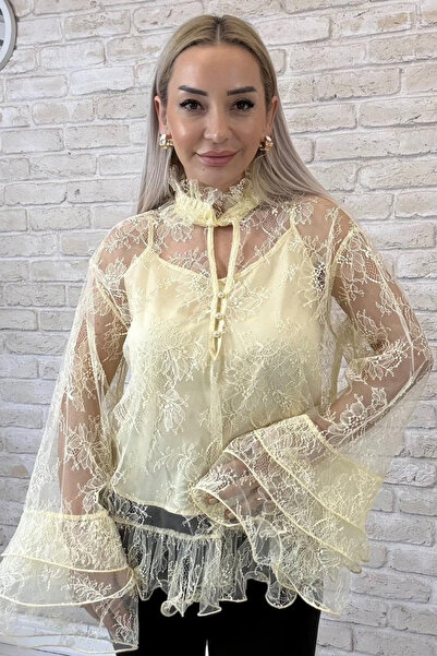 Muna Boutique Garciel Yellow Self-Body Imported t Tulle Shirt