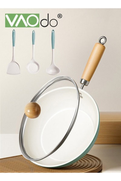 VAODO Ceramic Nonstick Frying Pan Skillet with Lid and Spatula 24cm Large Dee...