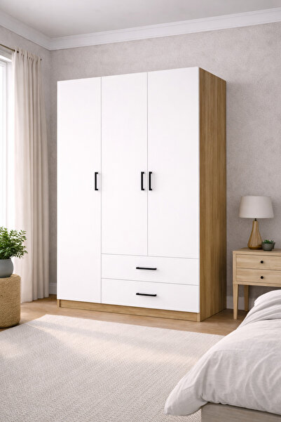 midoser Yaman Ceviz-Beyaz 3 Kapılı 2 Çekmeceli Elbise Dolabı-Gardrop