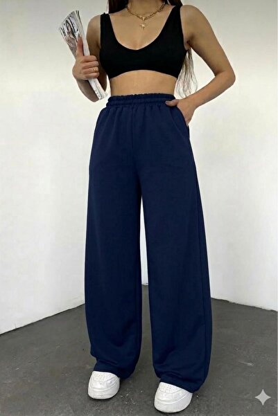 CAST COLLECTİON Women's Navy Blue Wide Leg Sweatpants