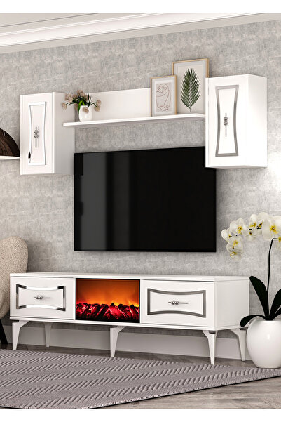 cantek dizayn TV0062-0062-TXA150-32 ŞÖMİNELİ TV ÜNİTESİ TAKIMI BEYAZ-GÜMÜŞ