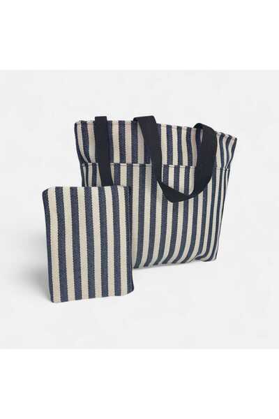 LIGHTINGHM Dark Blue Beige Linen Woven Beach Sea Bag with Front Pocket, Picnic Bag and Wallet, Set of 2