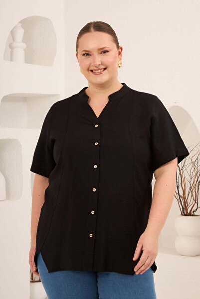 RMG Hakim Yaka Front Slit Women's Plus Size Shirt Black