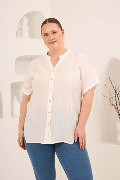 RMG Hakim Yaka Front Slit Women's Plus Size Shirt Ecru