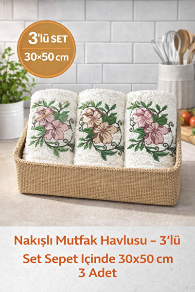Naturel Collection Hasır Sepette Nakışlı 3'lü Çeyizlik Hediyelik 30x50 Mutfak...