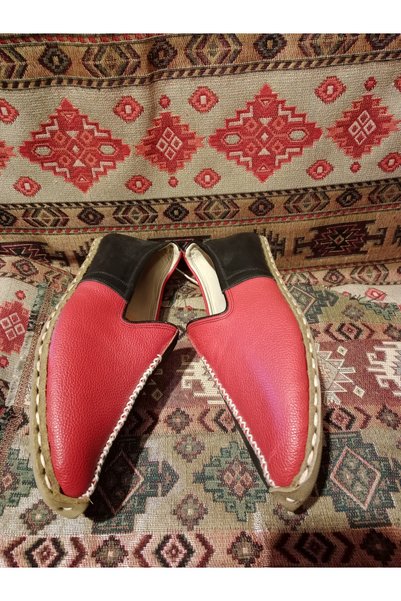 Mekapçı İhsan Red Black Men's Yemeni Sandals Genuine Leather Hand-Sewn Double Color Size 42