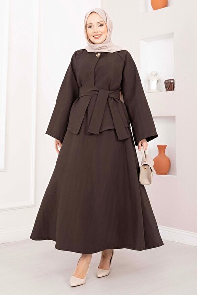 EBRUTESETTÜR Asymmetrical Gold Buttoned Belt Piece Skirt & Jacket Set Brown