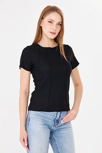 Sortie Tricou pentru femei Korset Look detaliu la cusătură material reiat Negru