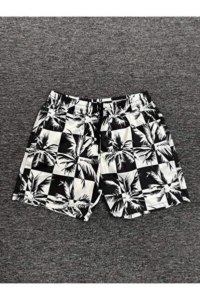 Toptantekstilcim Siyah Palmiye Desenli Deniz Şortu