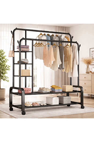 MODALITE Suport metalic dublu pentru haine cu roti, Capacitate 58 kg, 2 bare,...