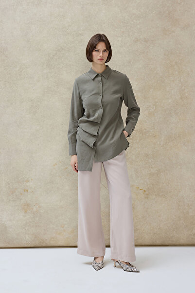 Birgül Bektaş Khaki Runa Pleated Asymmetric Shirt
