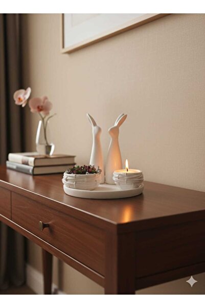 M&C Concept El Yapımı Taş Tozu 5’li Tavşan Biblo, Tepsi & Mumluk Seti – Moder...