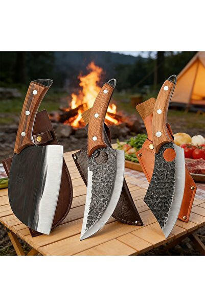 Klyte 3-Piece Forged Chef Knife Set, Solid Wood Handle, Butcher Knife & Serbi...