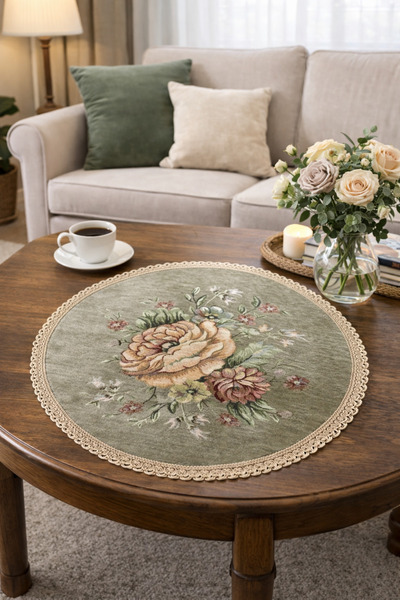 Yeshome Collection Vintage Bouquet Goblen Fiskos Örtüsü – 50 cm Yuvarlak Deko...