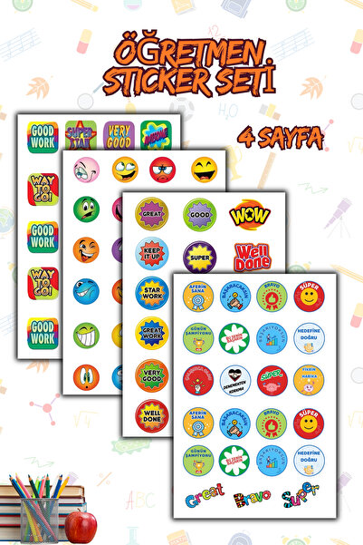 birikiyedi 4 Sayfa Öğretmen Sticker Seti Öğrenci/ Ödül/ Ödev Stickerı/ A5 Boy...