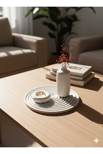 M&C Concept El Yapımı Taş Tozu 3’lü Dekoratif Tepsi & Mumluk & Vazo Seti – Mo...