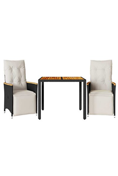 vidaxl Set bistro de grădină cu perne, 3 piese, negru, poliratan