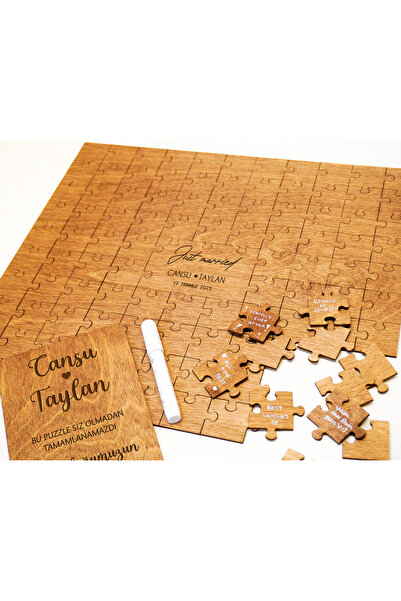 Kişiye Özel İsimli Ahşap Düğün Anı Defteri Puzzle - Nikah Nişan Hatıra Defteri - Kalem Hediyeli