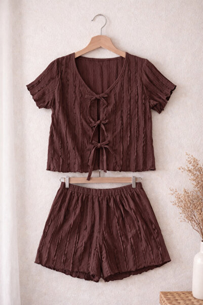 Retrobird Bürümcük Fabric Shorts Pajama Set – Summer Home Wear Women's Brown