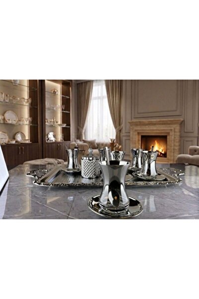 sultaneh 6 Kişilik Tepsili Çay Seti – Gümüş Lüks Çay Sunum Takımı Misafir Çay...