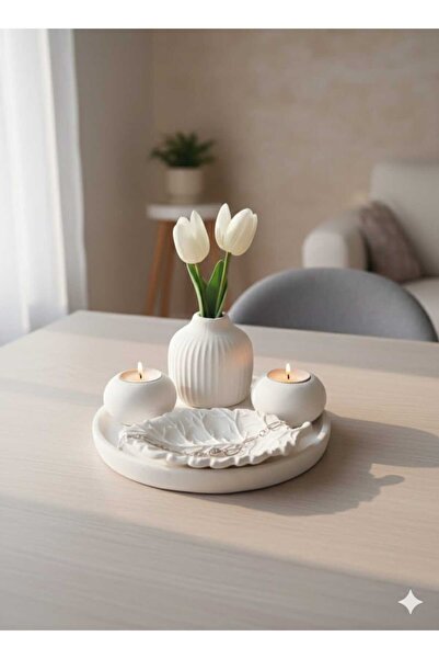 M&C Concept El Yapımı Taş Tozu Yaprak Detaylı Dekoratif Vazo & Mumluk Seti – ...