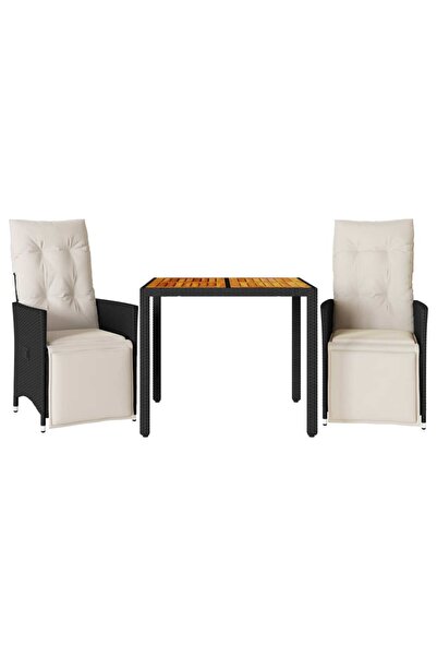 vidaxl Set bistro cu perne, 3 piese, negru, poliratan