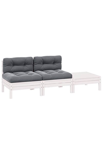 vidaxl Set mobilier de grădină cu perne, 3 piese, alb, lemn masiv pin