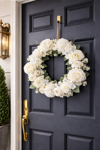 ecrella Beyaz Güllü Kapı Süsü 30 cm – Yapay Çiçekli Dekoratif Kapı Çelengi | ...