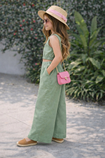 connemara Момичешки ленен комплект от къс топ и панталон – Удобен комплект от...