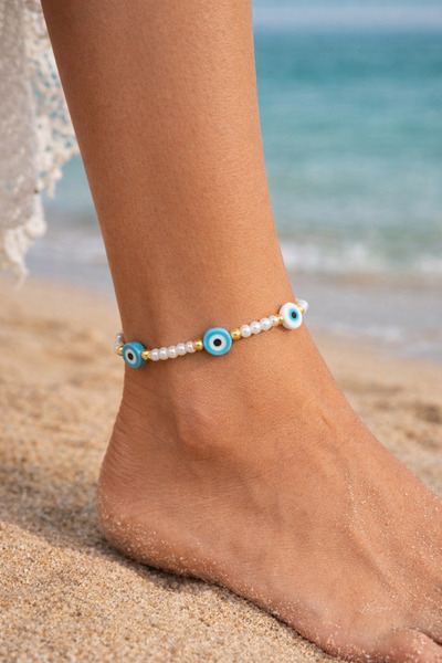 Home Bohemian Nazar Beaded Halhal İnci Beaded E Stretchy Elastic 20 cm Women'...