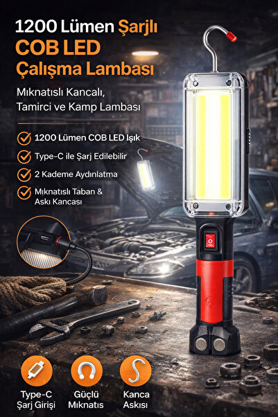 TAREZ 1200 Lümen Şarjlı COB LED Çalışma Lambası Mıknatıslı Kancalı Tamirci Se...