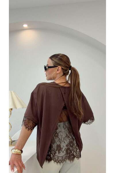 Şulenin Butiği Μπλούζα από μοντάλ με δαντέλα στην πλάτη, καφέ χρώμα