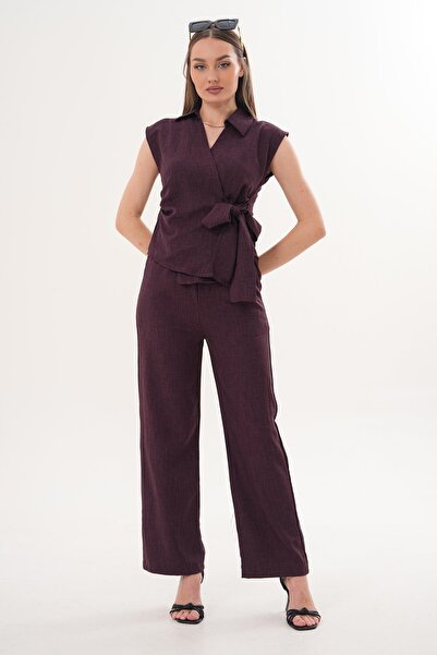 ŞİMAL Set de in pentru femei: pantaloni cu guler și detaliu cu șnururi latera...