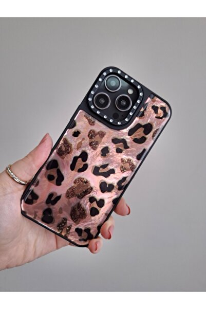 EPRO iPhone 14 Pro Max Uyumlu Leopar Desenli Taşlı Kamera Koruma Çıkıntılı Lü...