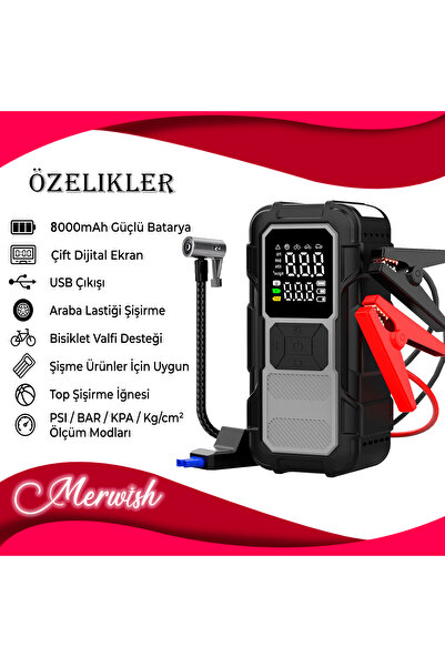 Merwish 8000 mAh Akü Takviye Hava Kompresörü Araç Lastik Şişirme Powerbank LE...