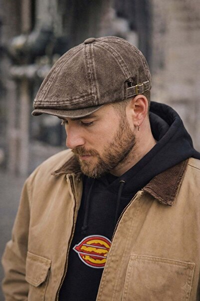 Külah Stonewash Flat Cap Hat – Adjustable Buckled Newsboy Cap - Rustic Oak