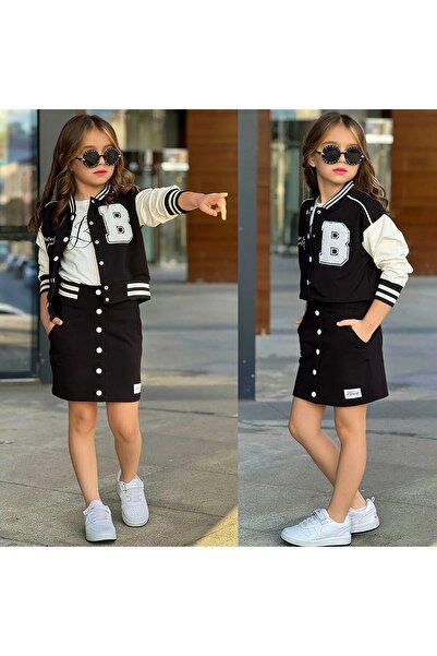 EFSACE B Embroidered College Skirt Girls' 3-Piece Set