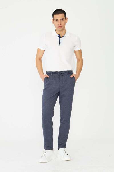 White Stone Navy Blue Modern Cut Lace-Up Jogger Pants Trousers