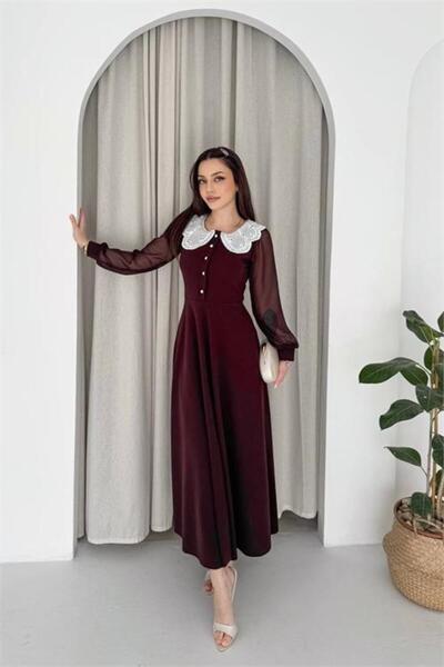 Neşeli Butik rochie maro pentru femei cu guler dantelă și detalii cu nasturi ...