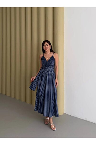 Butikcadde Women's Plaid Lace Piece Back Gipeli Dress Blue