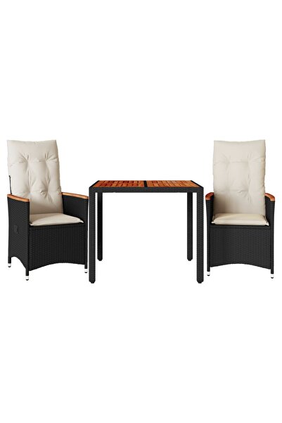 vidaxl Set bistro cu perne, 3 piese, negru, poliratan